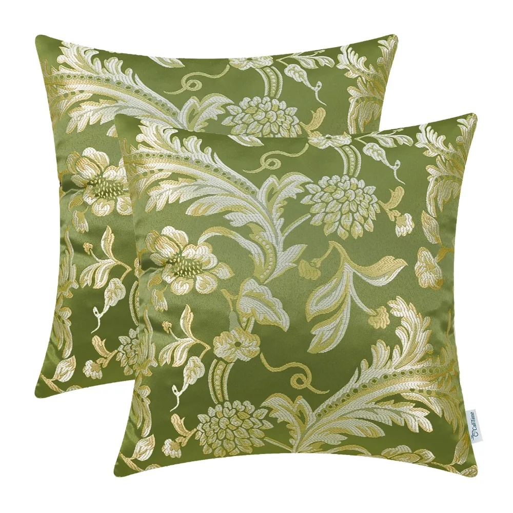 

2PCS Square CaliTime Cushion Cover Throw Pillow Shell for Couch Sofa Home Decor Vintage Floral Leaves Olive Green