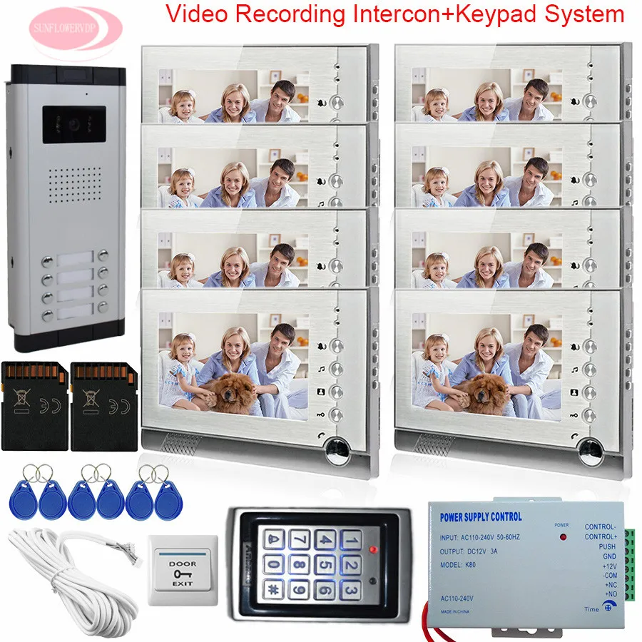 For 8 Apartments 7'' Video Doorbell Monitor For Video Intercom With Recording SD Card System Unit +Keypad Access Control System