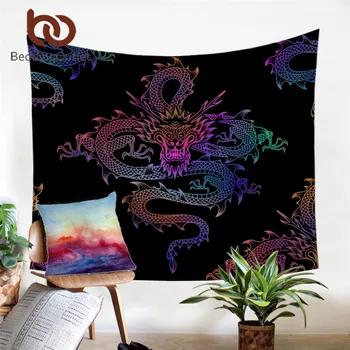 BeddingOutlet Dragon Totem Tapestry Wall Hanging Colorful Decorative Wall Art Chinese Myths Bedspreads Black Sheet 150x200cm 1