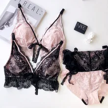 Wriufred кружевное сексуальное нижнее белье с треугольными чашечками размера плюс без проволоки ультратонкое женское нижнее белье с бантом Глубокий v-образный вырез комплект нижнего белья пуш-ап