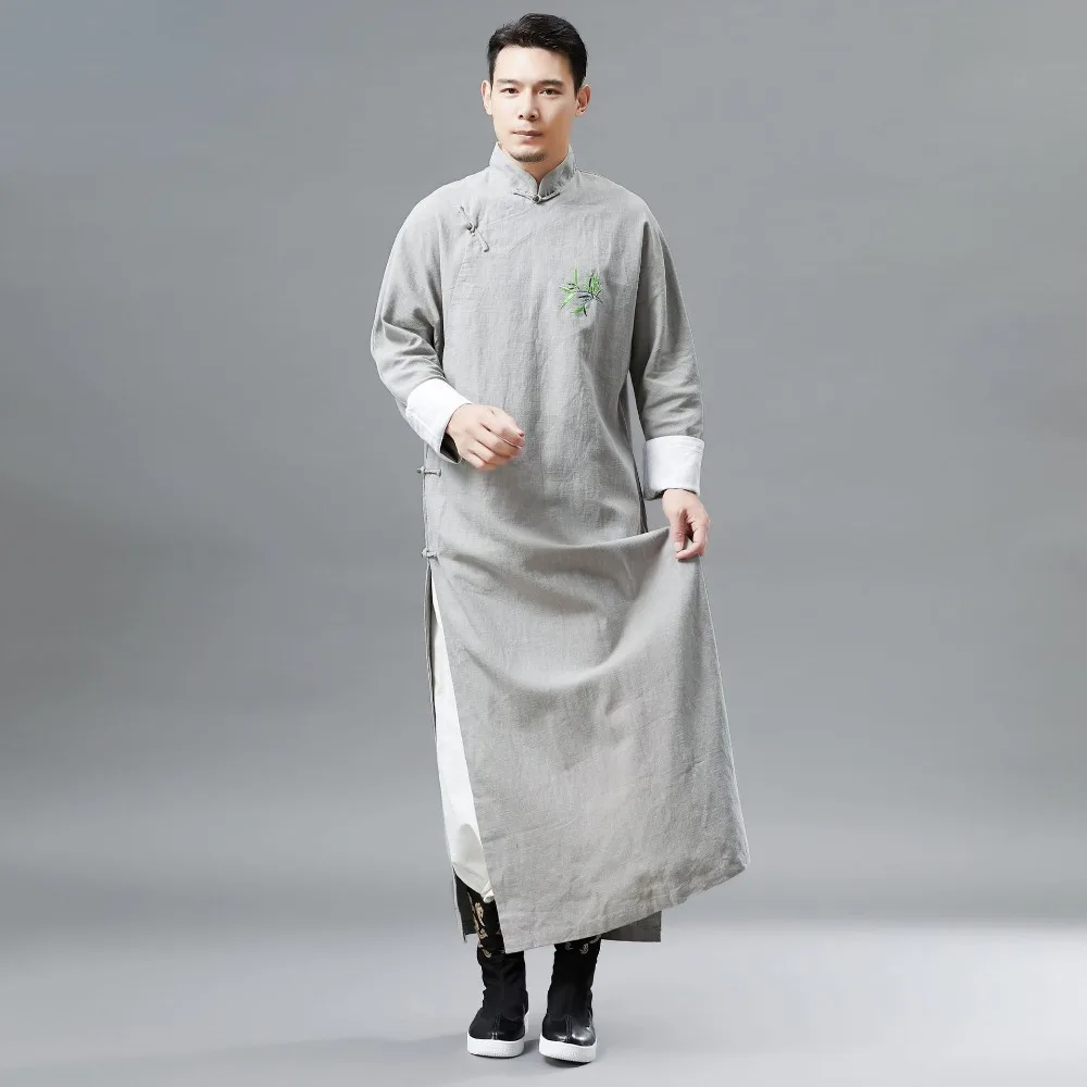 

Spring Autumn New Embroidered Bamboo Long Gown Men Chinese Ethnic Style Long Hanfu Robe Ancient Ethnic Linen Cotton Clothing Man