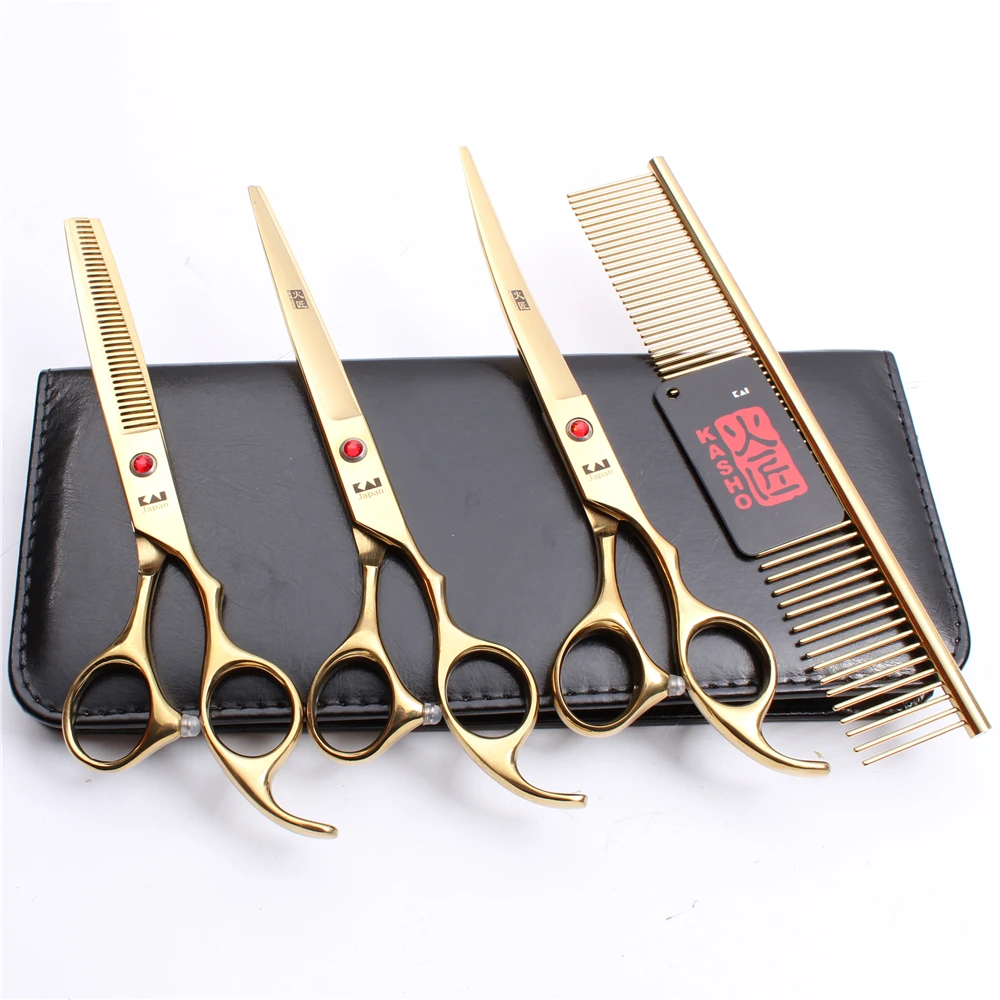 

H3003 4Pcs 7'' Kasho JP 440C Comb+Cutting+Thinning Scissors+UP Curved Shears Professional Pets Hair Scissors Dogs Hair Clippers