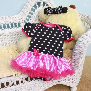 

2PCs per Set Hot Pink Ruffle Trim Polka Dots Baby Girls Tutu Dress Black Headband for 0-12months Free Shipping