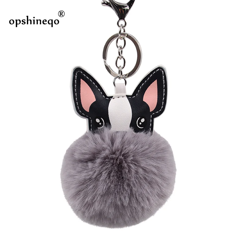 

2019 Cute Dog Keychain Fluffy Rabbit Fur French Bulldog Keychains Pompon Key chain Leather Animal Holder Women Bag Car Key Ring