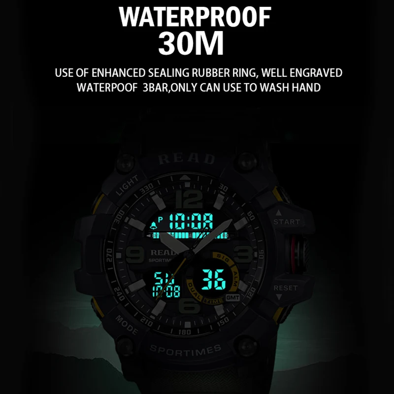 READ Sports Watches Silicone Strap Large Digital Dial Men Watches Military Army Wristwatch Back Lig