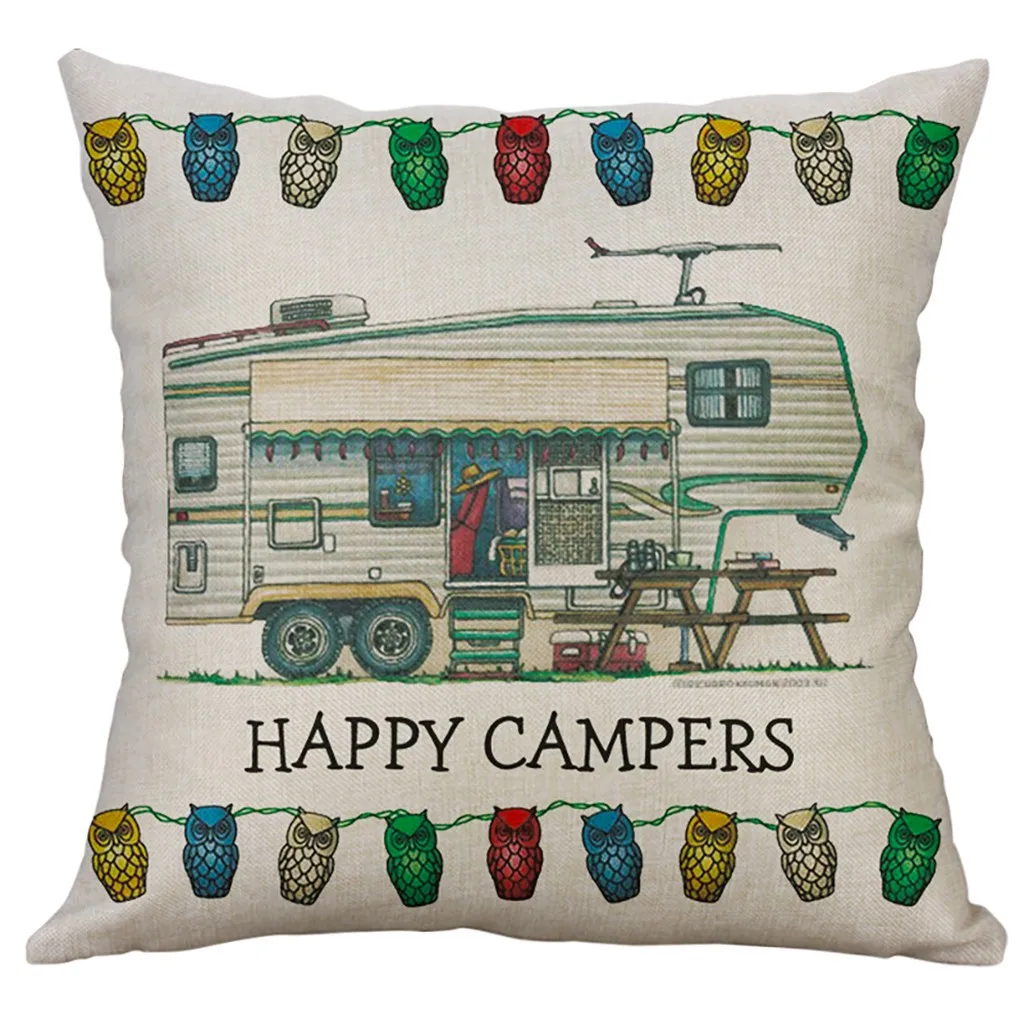 Счастливые туристы для подушек из хлопка и льна Винтаж Happy Camper Подушка Чехол для дивана из ПВХ для дома декоративная Подушка Чехол 45*45/40*40