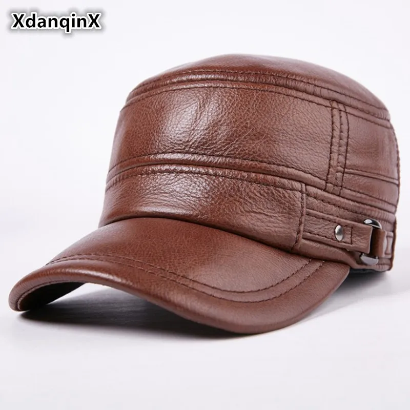 Billige XdanqinX Herbst Winter Erwachsene Männer Echtes Leder Warme Baseball Caps Rindsleder Flache Top Cap Für Männer Mittleren Alters Marken Leder Hüte
