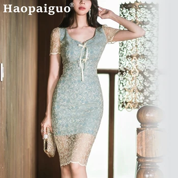

Lace Patchwork Sexy Club Dress for Ladies Sleeveless Perspective Sheath Bodycon Warp Dress Women Bow Vestidos Mujer Sundress