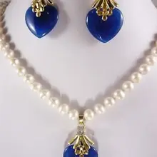 Женский настоящий новейший дизайн натуральный жемчуг ювелирные изделия Белый жемчуг подвеска с синим камнем ожерелье серьги набор свадебный серебряный крючок