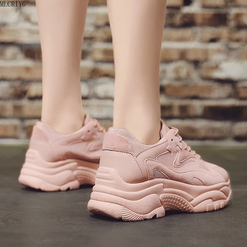 Women's Chunky Sneakers 2019 New Fashion Women Platform Shoes Lace Up Pink Running Sports Shoes Womens Female Trainers Dad Shoes