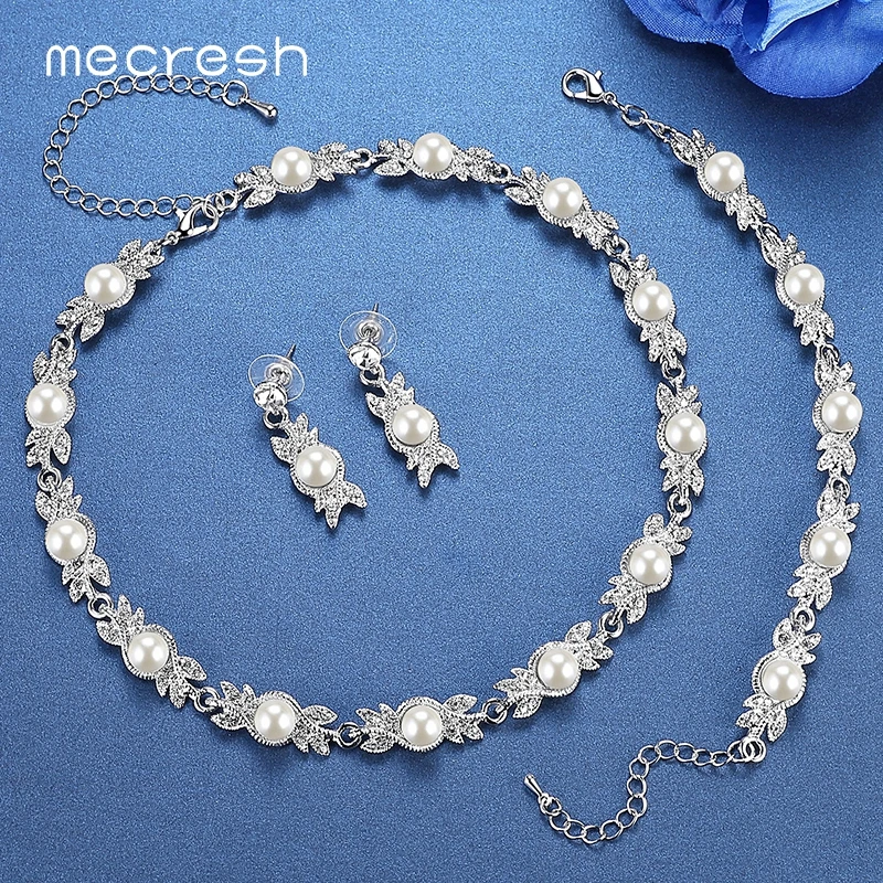 Mecresh, искусственный жемчуг, Свадебные Ювелирные наборы, серебряный цвет, кристалл, свадебное ожерелье, серьги, браслеты, ювелирные наборы MTL444+ MSL197