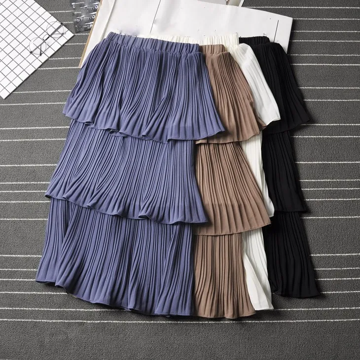 

2019 New Summer Women Elegant Long Pleated A-Line Skirts Empire Casual High Waist Chiffon Ruffles Solid Cake Skirt