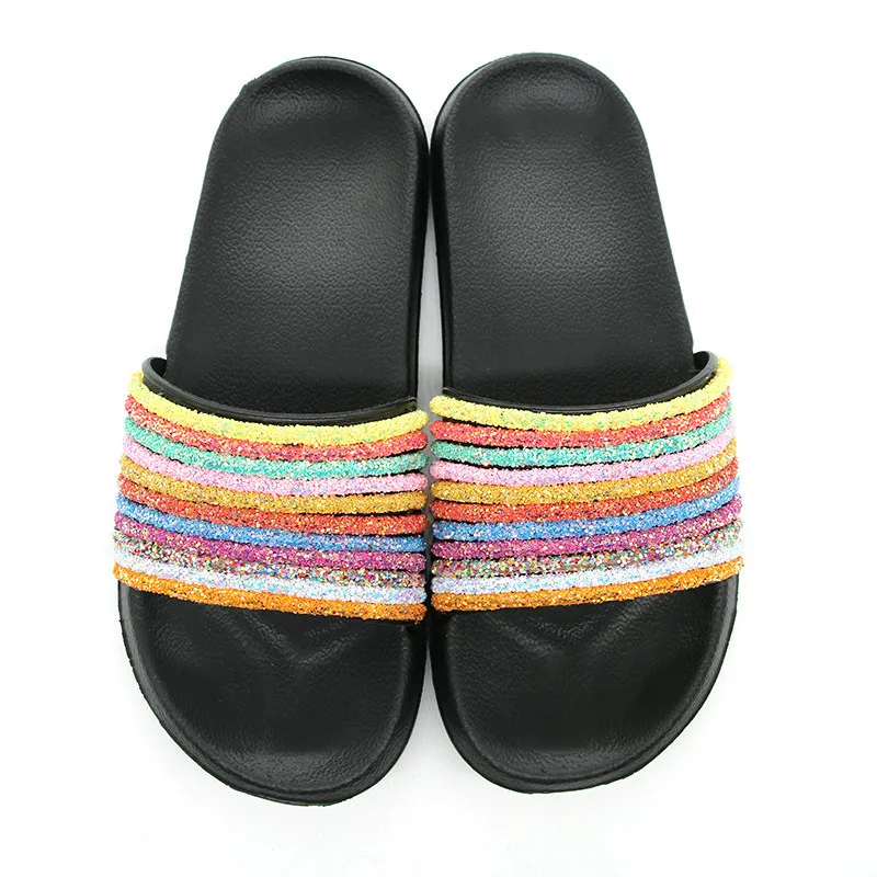 Mules Women Rainbow Slippers Mixed Color Flip Fops Designer Flat Slides Non Slip Home Slippers Lady Crystal Slip On Shoes Beach