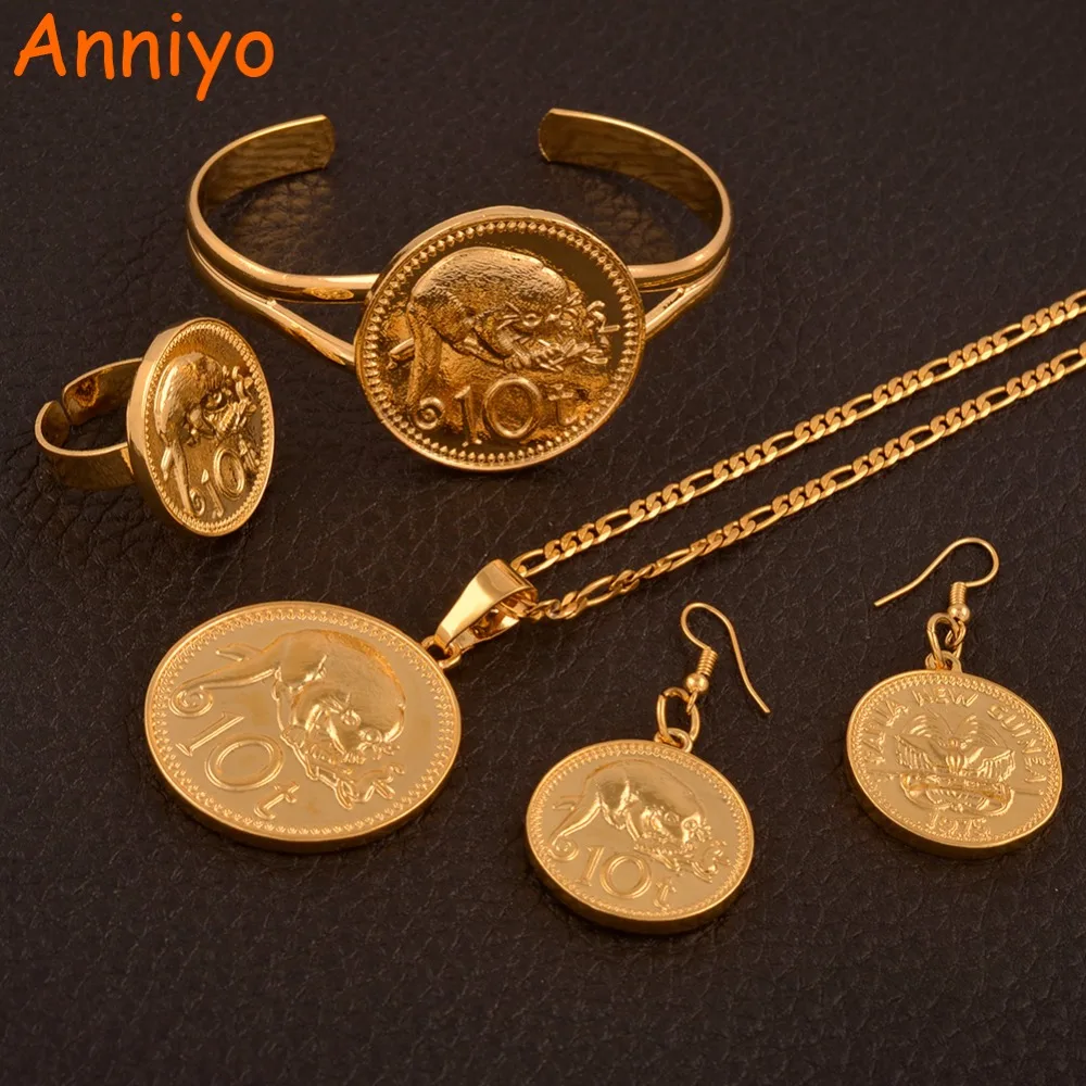 

Anniyo Copy 10t Coin Pendant Necklaces & Earrings Bangle Ring Jewelry sets for Women Papua New Guinea PNG Gifts #109006
