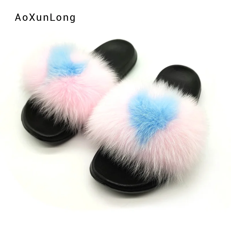 

Fox Fur Slippers Women Summer 100% Real Furry Slides Ladies Home Sandals Comfort Striped Flats Fox Hair Anti-skid Slippers