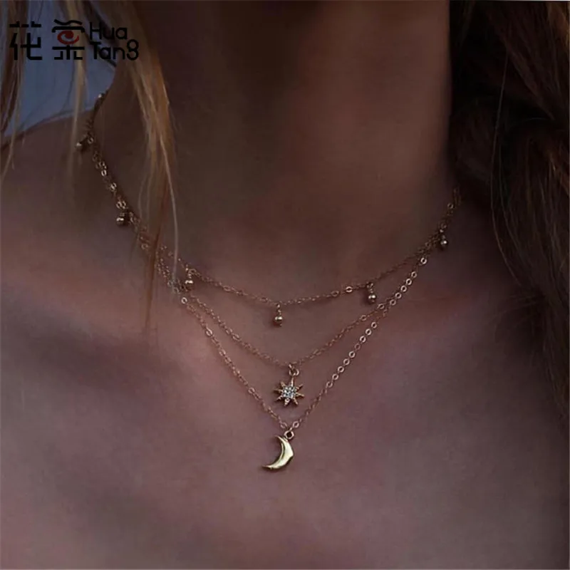

HuaTang Gold Chain Moon Necklace for Women Crystal Necklaces Pendant Boho Chain Charms Necklace Collar Brincos Jewelry 2993
