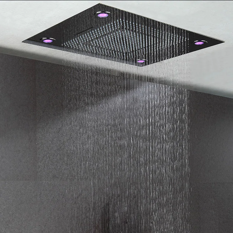 Ceiling Embedded Rainfall Waterfall LED Shower Head Big Water Curtain Showerhead Bathroom 600*800mm 3 Functions Showers Brushed