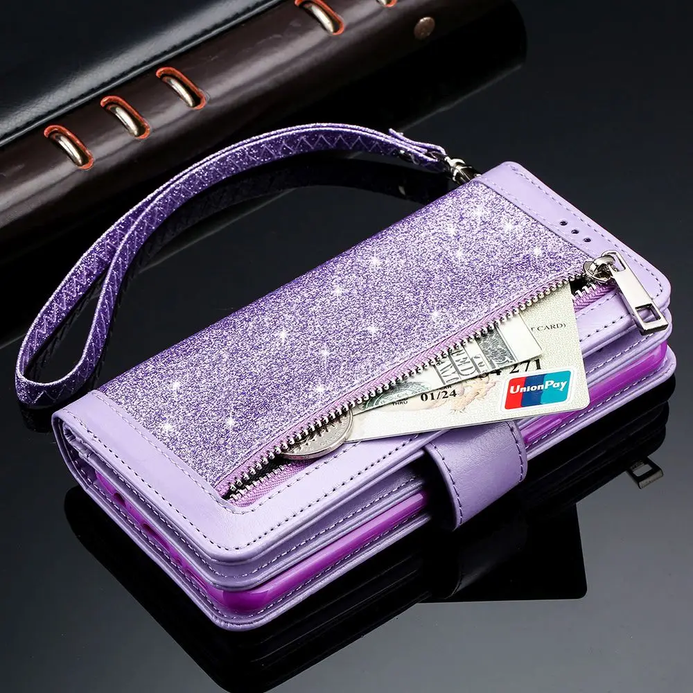 Чехол для телефона с застежкой-молнией кошелек чехол для Samsung Galaxy S8 S9 плюс S10 S10E Bling карты держатель, кожаный чехол для Samsung Note 8 9 S7 край - Цвет: Purple