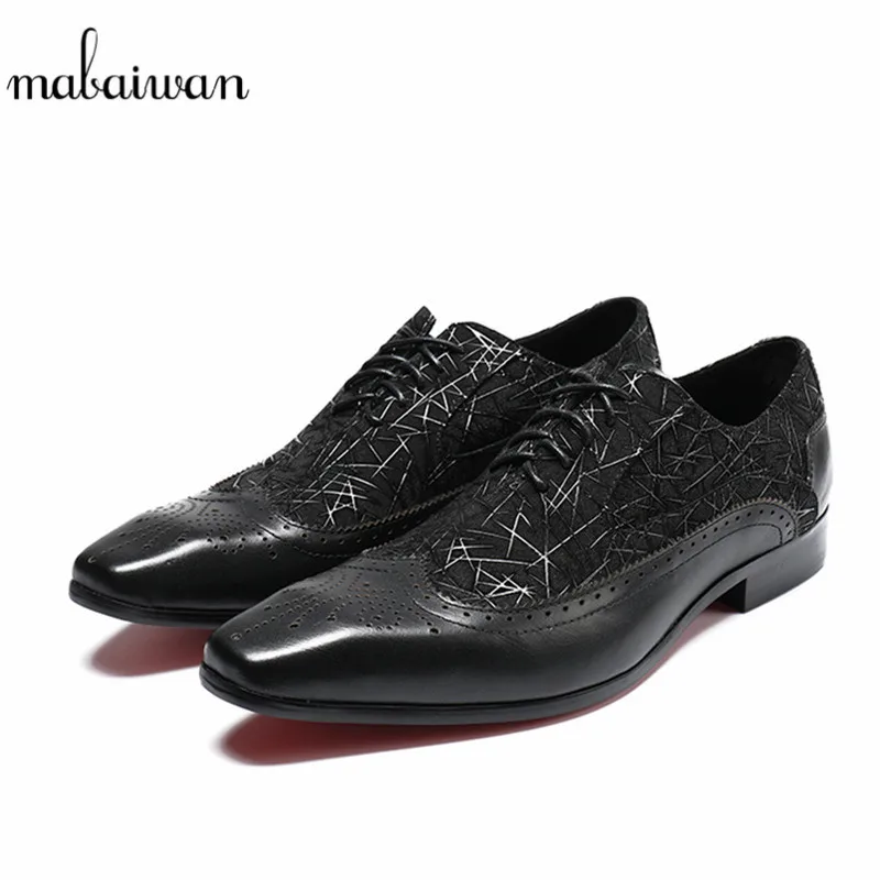 Mabaiwan Solid Black Brogue Genuine Leather Dress Men Casual Shoes Lace Up Business Wedding Flats Shoes Loafers Plus Size 38-46