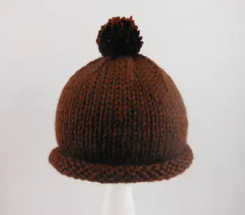 

Brown Baby Hat - Hand Knit Acrylic Cap Fitting Babies 0 to 12 Months Old - Soft Rolled Brim Beanie With Pom Pom For Infants