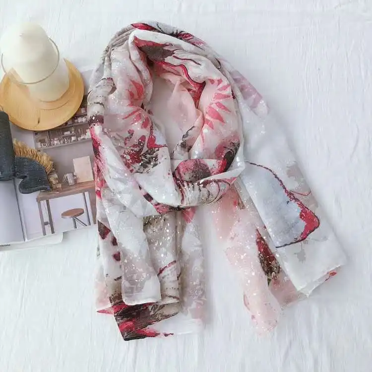 

Women's Fashion Scarf Hot Silver Butterfly Pattern Cotton and Linen Scarf Thin Travel Sunscreen Shawl Beach Towel