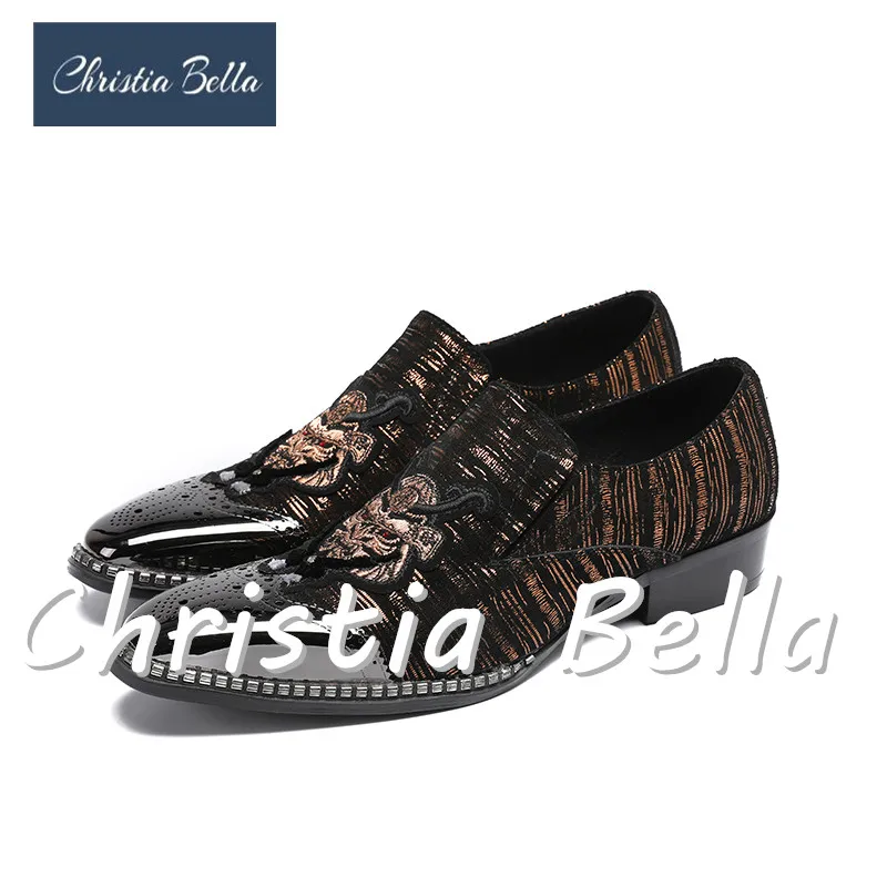 

Christia Bella Zapatos Hombre Fashion Mens Shoes Casual Patchwork Suede Patent Leather Embroidery Wedding Shoes Men Loafers