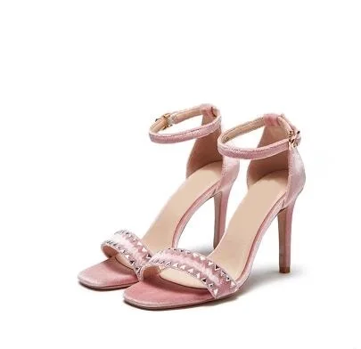 

Women Pink Flock Leather Cover Heel Sandals Gladiator Summer Hollow Out Ankle Buckle Strap Rivets Decoration High Heel Shoes