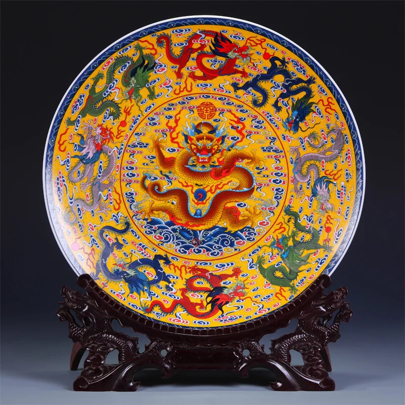 Fengshui Art Ceramic Ornamental Plate Ancient China Nine Dragons Decoration Wood Base Porcelain Traditional Chinese Plate Set 3