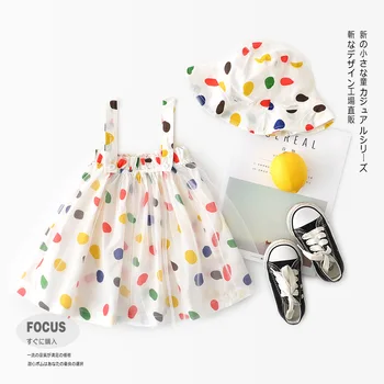 

Hot fashion rainbow color dots vest boutique baby girl summer dress with cap