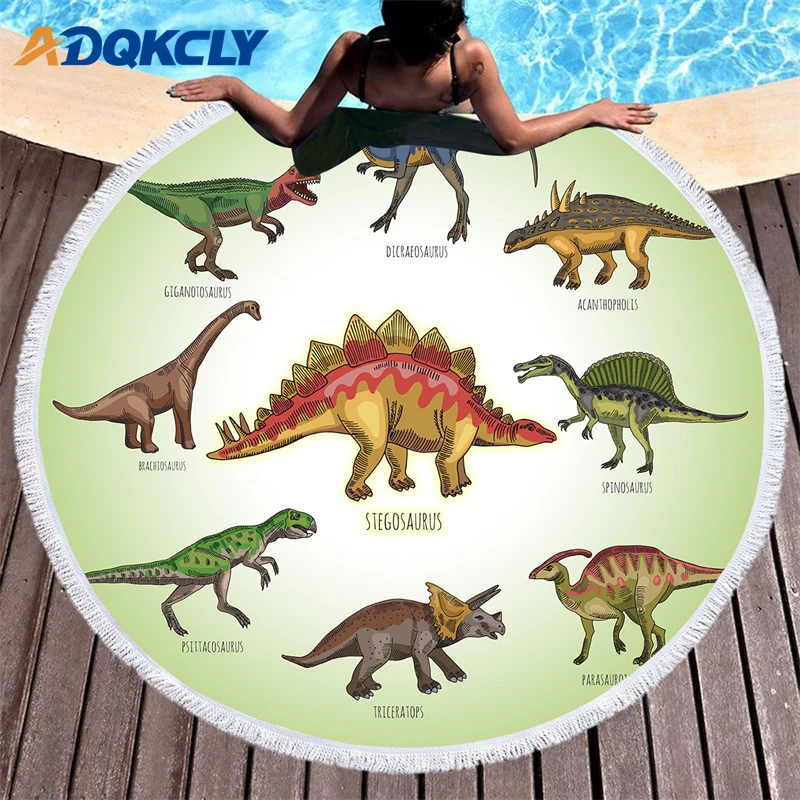 

Cartoon Dinosaur Pattern Round Beach Towel Micorfiber Printed with Tassel Absorbent Bath Toalla Picnic Blanket Adult Yoga Mats