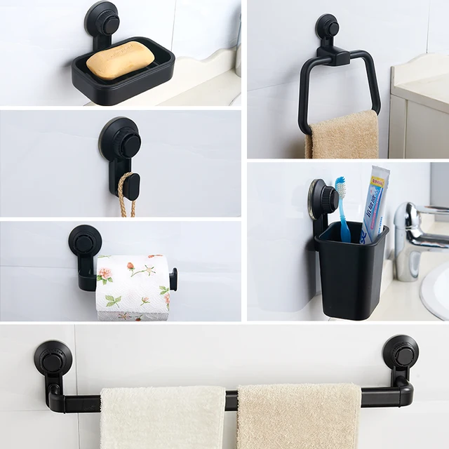 No drilling Bathroom accessories Set Suction cup plastic Black