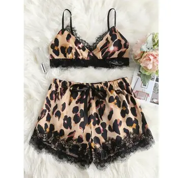 

2 pcs Sexy Lingerie Women Leopard Print Sleepwear Satin Silk Babydoll Lace Up Nightwear Pajamas Set