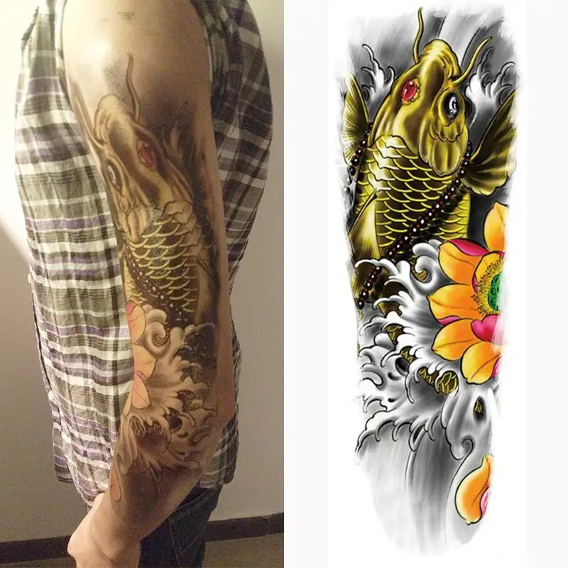 Nouveau 3d Fleur De Lotus Et Carpe Tatouage 15 Cm X 45 Cm