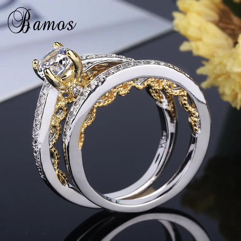 Bamos винтажные обручальные кольца Серебряного и золотого цвета, набор, изысканный Фианит, обручальные кольца для женщин, роскошные ювелирные изделия с камнем рождения
