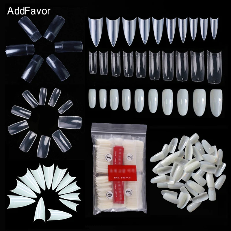 

AddFavor 500Pc/Pack French False Nails Crystal Clear Full Cover Nail Tips Natural White Fake Nails Half Cover Extension Tips