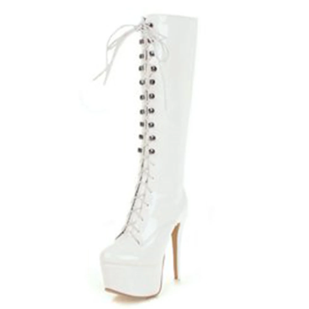 BONJOMARISA/ г. Осенне-зимние сапоги до середины икры на толстой платформе в западном стиле женская обувь на высоком каблуке, большие размеры 34-48 - Цвет: Белый