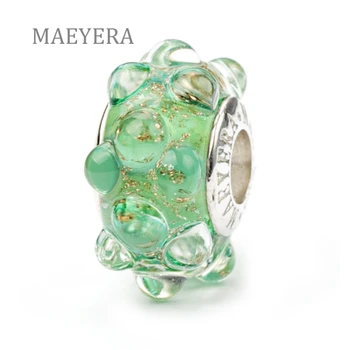 

MAEYERA Authentic 925 Sterling Silver Green Gold Sand Murano Glass Beads Charm gift DIY Jewelry 920157