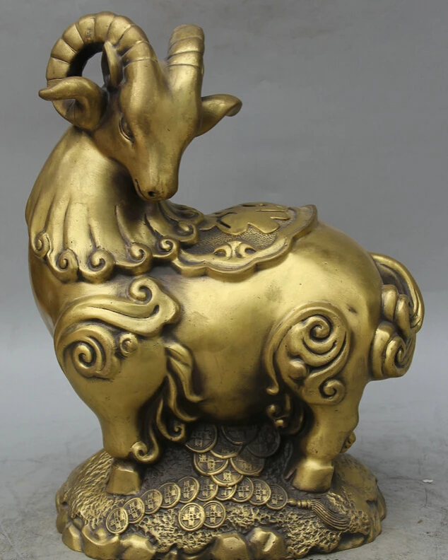 

Collectible bronze S2091 12" Chinese Copper Wealth Money Fu Folk Zodiac Year Sheep Goat Statue sculpture