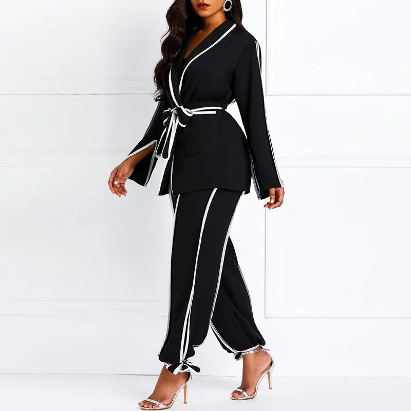 

Fall 2019 African Casual Elegant Office Ladies Plus Size Women Two Piece Set Coats Pants Lace Up Autumn Black Female Chic Suits