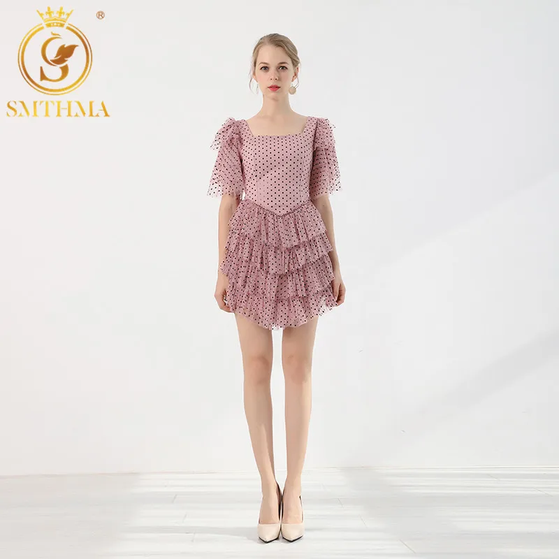 

New Fashion Runway Summer Dot Print Ruffles Mesh Layered Cake Dress Women Square Neck Butterfly Sleeve Backless Sweet Mini Dress