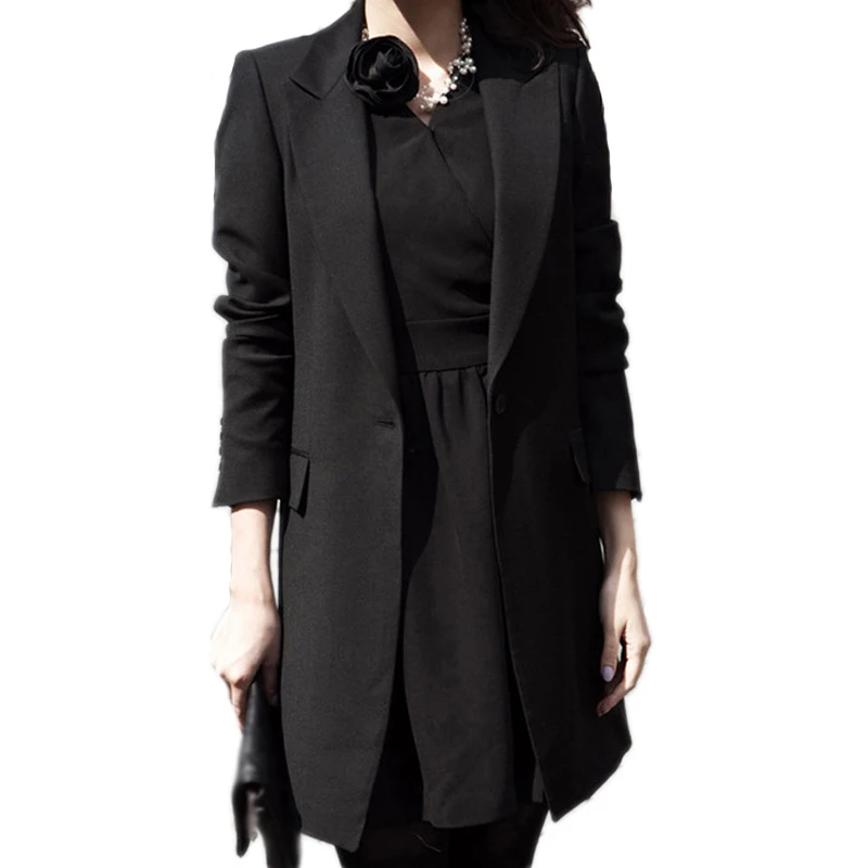 Весенний женский Блейзер, повседневный костюм,, воротник с лацканами, длинный рукав, однотонный Блейзер на одной пуговице, Черное длинное пальто, куртка, женская верхняя одежда - Цвет: Черный