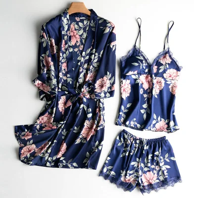 

Женский Шелковый пижамный комплект, комплект из 3 предметов с цветочным принтом + халат, пикантная Ночная рубашка в европейском стиле
