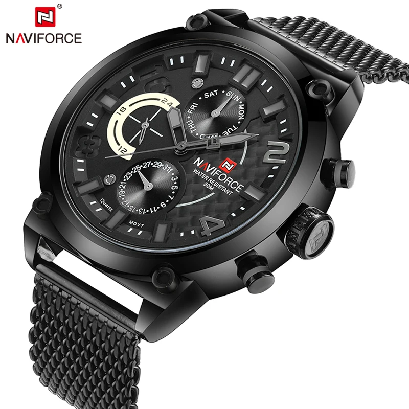 

NAVIFORCE Brand Black Fashion Mesh Steel Mens Quartz Watch 24 Hour Date Clock Male Sport Military Wristwatches Relogio Masculino