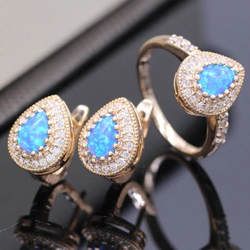 

GZJY Noblest Fashion Women Jewelry Set Water Drop Blue Fire Opal Zircon Gold Color Ring Earrings Set For Women