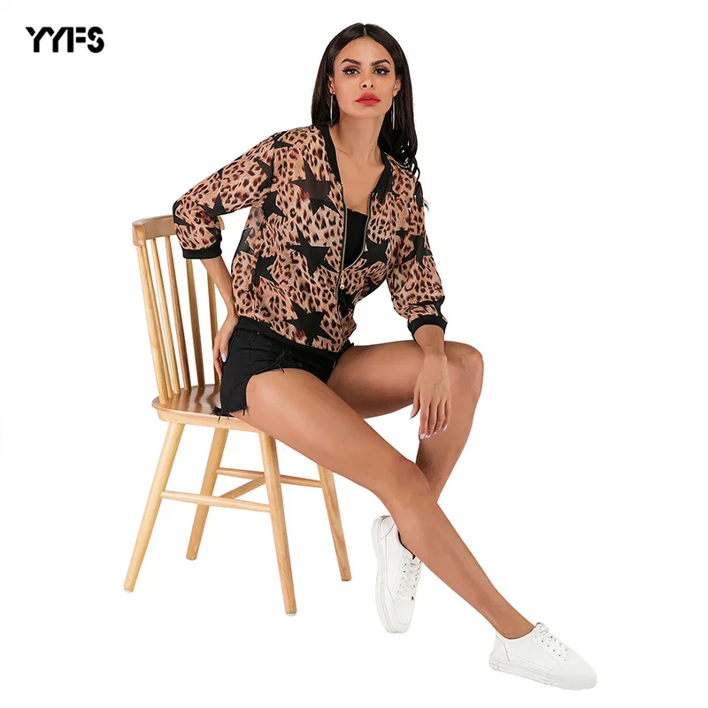 

2019 Summer New Style Leopard Print Women's Jackets With Zipper Short Jacket Loose Casual Chiffon Anti-shine Womens Clothing