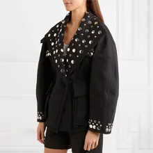 Женские весенне-осенние пальто-кардиган и куртки с заклепками и отложным воротником, свободная верхняя одежда черного цвета, женские куртки цвета металлик