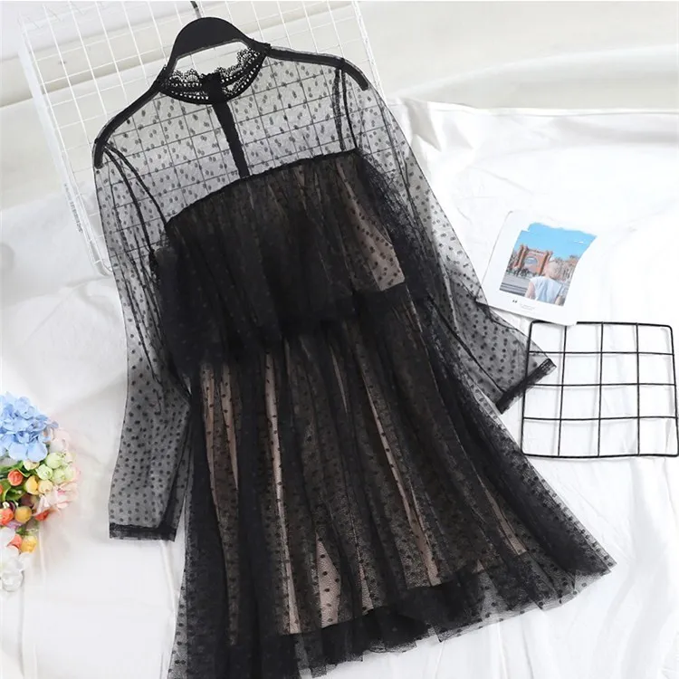 

Spring Autumn Polka Dot Lace Pleated Dress Women High Waist Ruffles Party Dress A-Line Vintage Hollow Out Midi Dresses