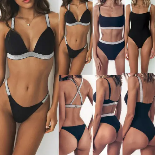 

Women Sexy Bikini Set Push Up Silver Sequins 3 Stylish Bra Padded Swimwear Bandage Lady Swimsuit Bathing Suit
