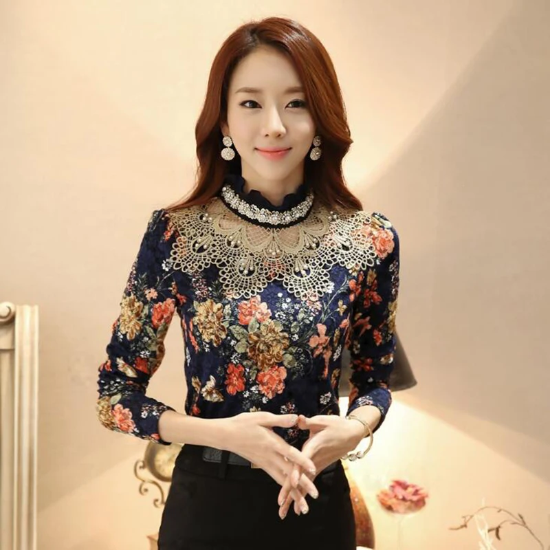 Lace Blouse Shirt Long Sleeve Shirts 2017 Blusa Korean Elegant Pearl Flower Laciness Ladies Tops Office