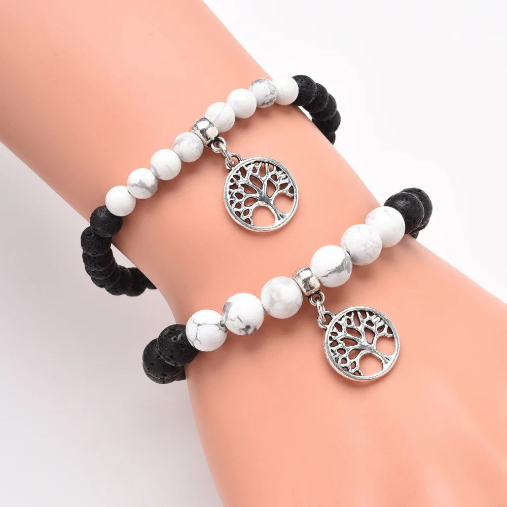 Черно белые мужские и женские Howlite чакр бусы лечебные Браслеты Натуральный Лава